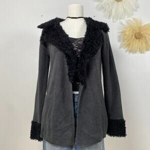 Kathy Ireland Womens Y2K Faux Fur Trimmed Cardigan Sweater Size S Grunge Preppy